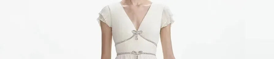 Elegant French Style Dress with Butterfly Knot Waist Cinching Pleated Skirt Cocktail Dress Short Sleeve V Neck Ankle Length