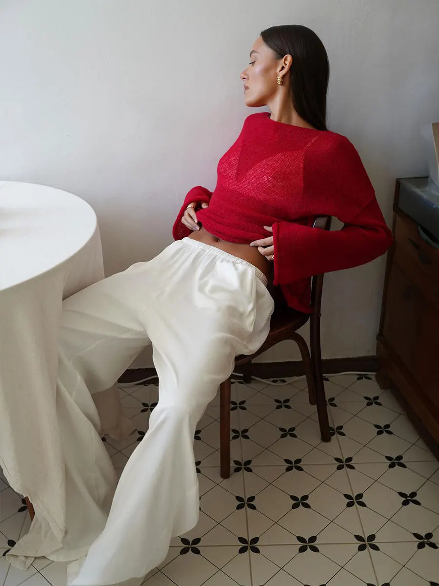 Original Fashion Hollow Out Knit Shirt Spring And Summer Women's Perspective Thin O-Neck Loose Elastic Long Sleeve Knit T-shirt