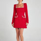 Talenza Long Sleeve Tweed Dress Women's Elegant Square Neck Luxury Party Evening Gown Retro Slim Patchwork Short Dress Vestido