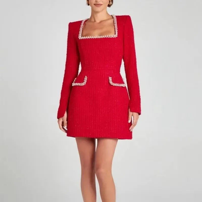 Talenza Long Sleeve Tweed Dress Women's Elegant Square Neck Luxury Party Evening Gown Retro Slim Patchwork Short Dress Vestido