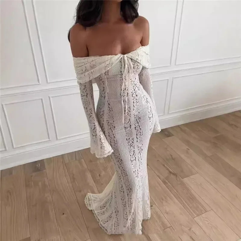 Oligai Winter Lace Long Sleeve Evening Party Dresses Women 2025 Black Sexy Elegant Maxi Dress Fashion Long Wedding Guest Dress