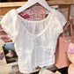 2024 New White Lace Tied Square Neck Summer T-shirts Chic Elegant Short Sleeve Tee Cotton Y2K Street Casual Bow Tie-up Top Women