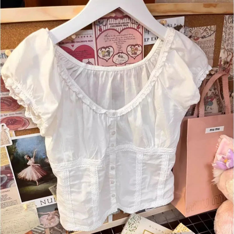 2024 New White Lace Tied Square Neck Summer T-shirts Chic Elegant Short Sleeve Tee Cotton Y2K Street Casual Bow Tie-up Top Women