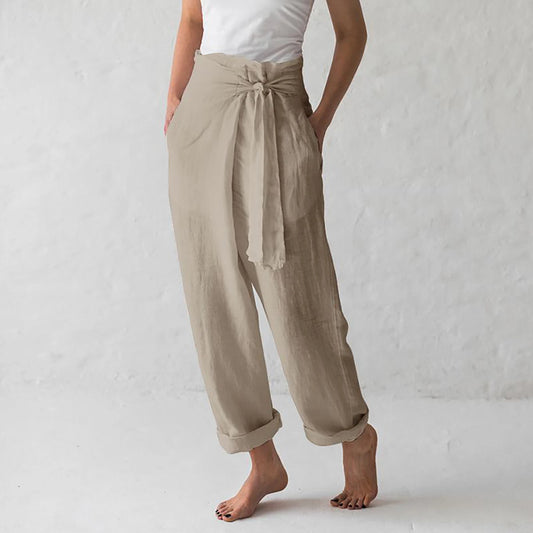 Women Solid Color Elastic Binding Foot Casual Pocket Pants Summer 2024 Elegant Lady Cotton Line High Wasit Women Pants