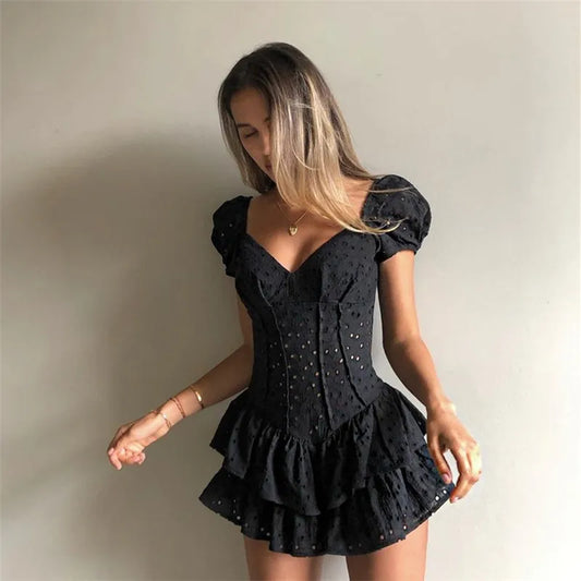 V Neck Ruffles Pleated Dress Women Puff Sleeve Chic Black Summer Dress 2023 Party Hollow Out Vintage Bodycon Dress Corset Ladies