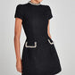 Tosssy Shiny Elegant Female MIni Dress Pocket Short Sleeve Patchwork Fashion Slim Party Dress Gown Women's Glitter Vntage Dress