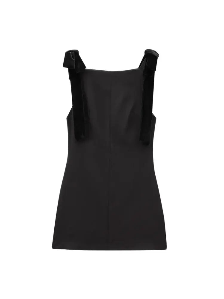 TRZA-Women's Contrast Velvet Bow Mini Dress, Straight Neck, Back Zipper, Female Dresses, Sexy Fashion