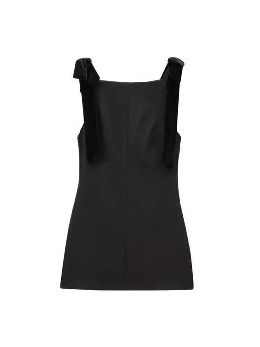 TRZA-Women's Contrast Velvet Bow Mini Dress, Straight Neck, Back Zipper, Female Dresses, Sexy Fashion