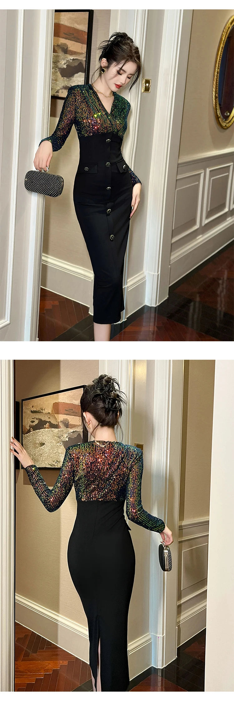 Luxury Elegant Annual Party Dress Women French Colorful Sequins Black Bodycon Single Breasted Robe Femme Banquet Prom Vestidos