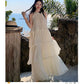 Vintage Women Beige Elegant Off Shoulder Evening Party Dress Summer Sleeveless Vacation Pleated Halter Cake Long Sundress Simple