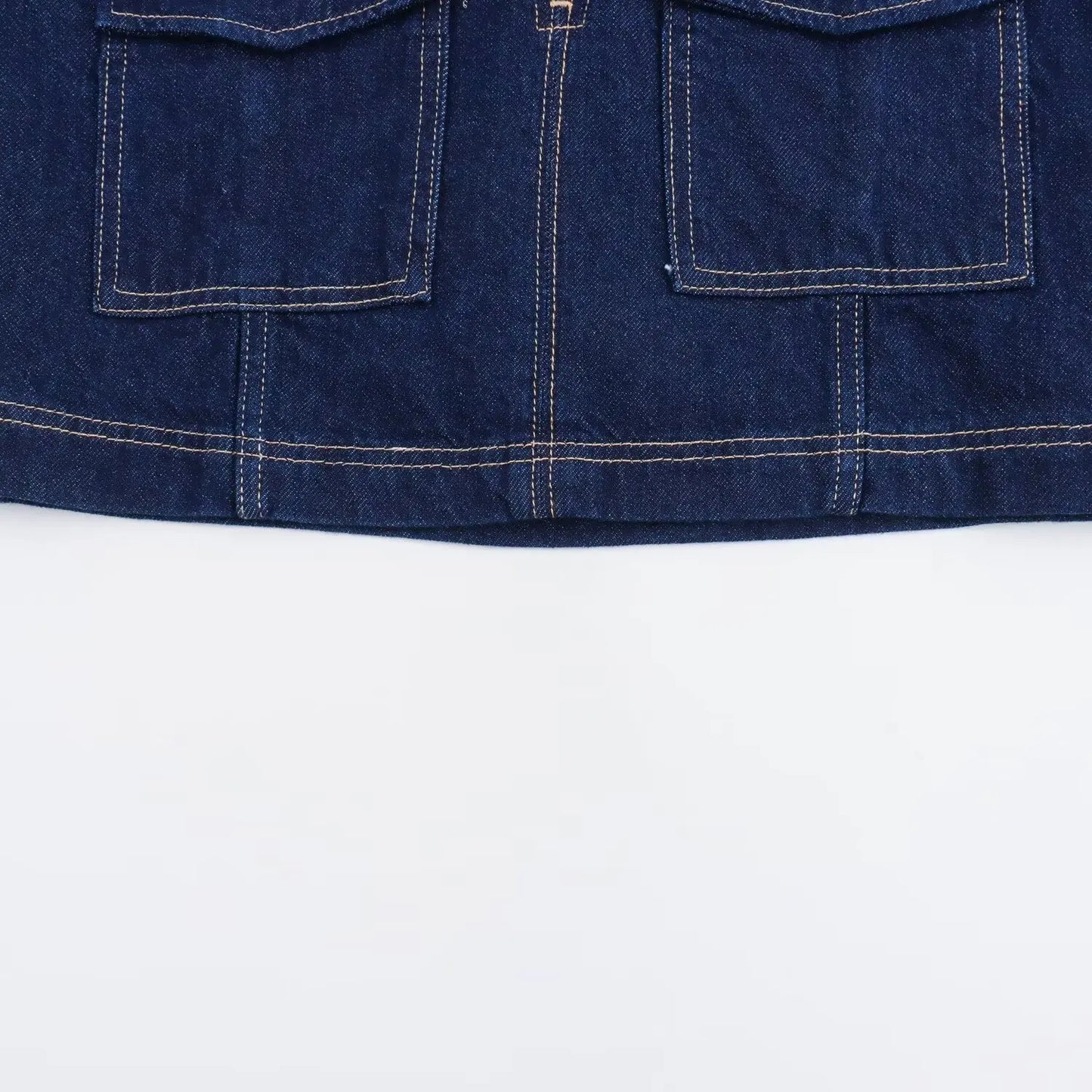 TRAFZA Summer Women Suits Denim Blue Turn-Down Collar Short Sleeves Pocket Decoration Shirts+Mid Waist Asymmetrical Shorts