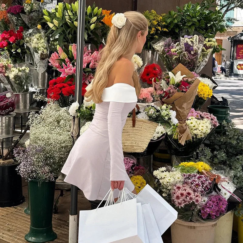 Talenza Elegant Backless Patchwork Mini Dress Women's Sexy One Shoulder Long Sleeve A-Line Dress Solid Slim Resort Mini Dress