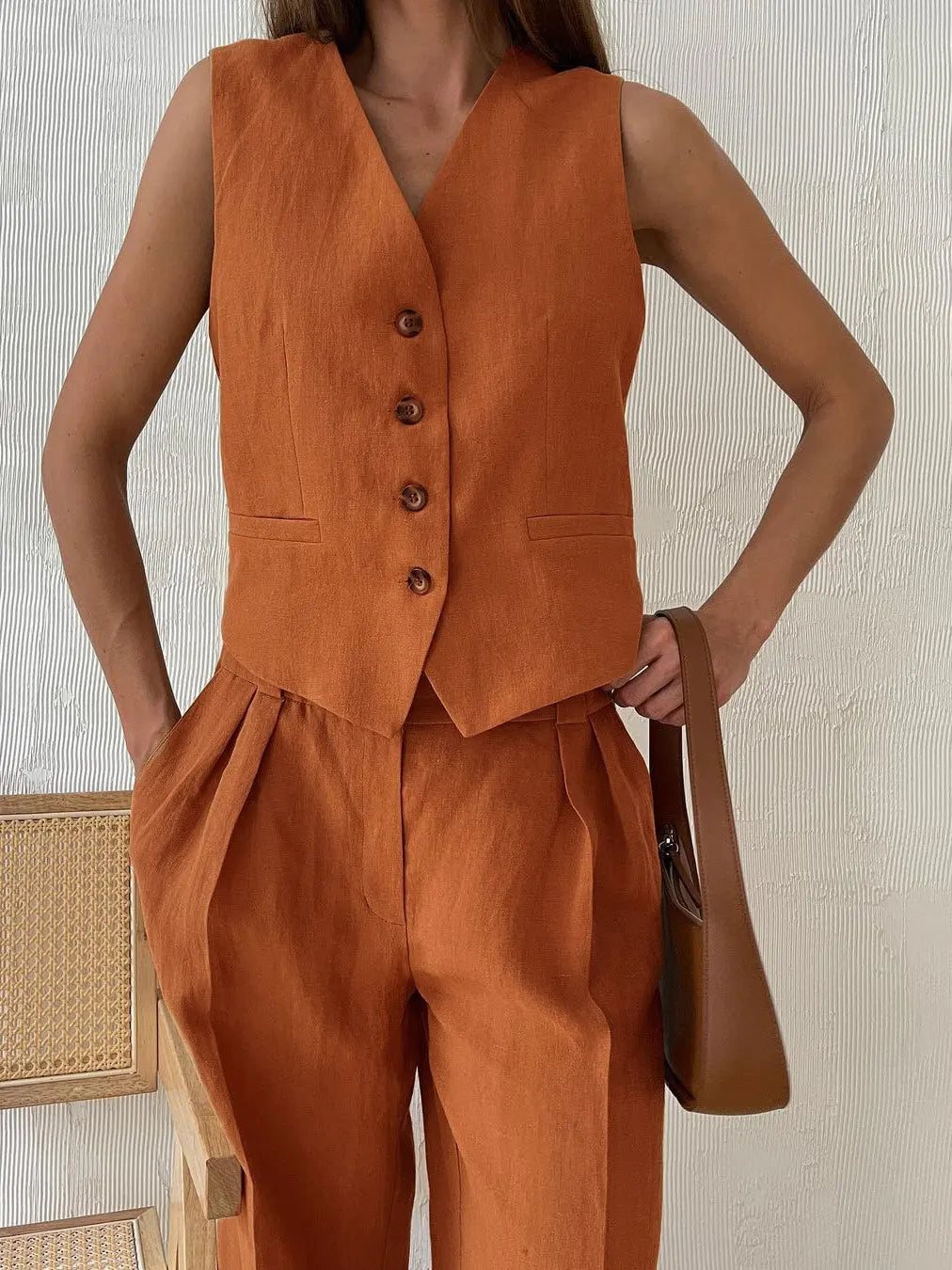Cotton Linen Blend Vest Wide Leg Pants Suit Spring and Summer Women's Casual Fashion Sleeveless Vest Pleated Low Waist Pants Set