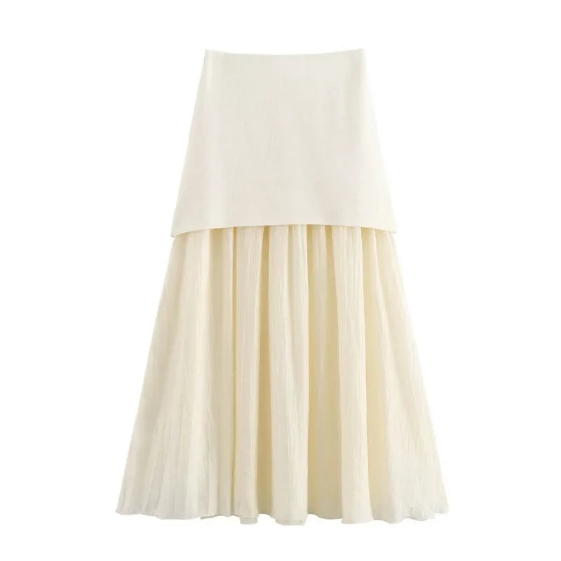 Talenza Women 2 Piece Set V-Neck Sleeveless Button Knitted Vest Top+Elegant Splicing High Waist Zipper Long Skirts Holiday Suits