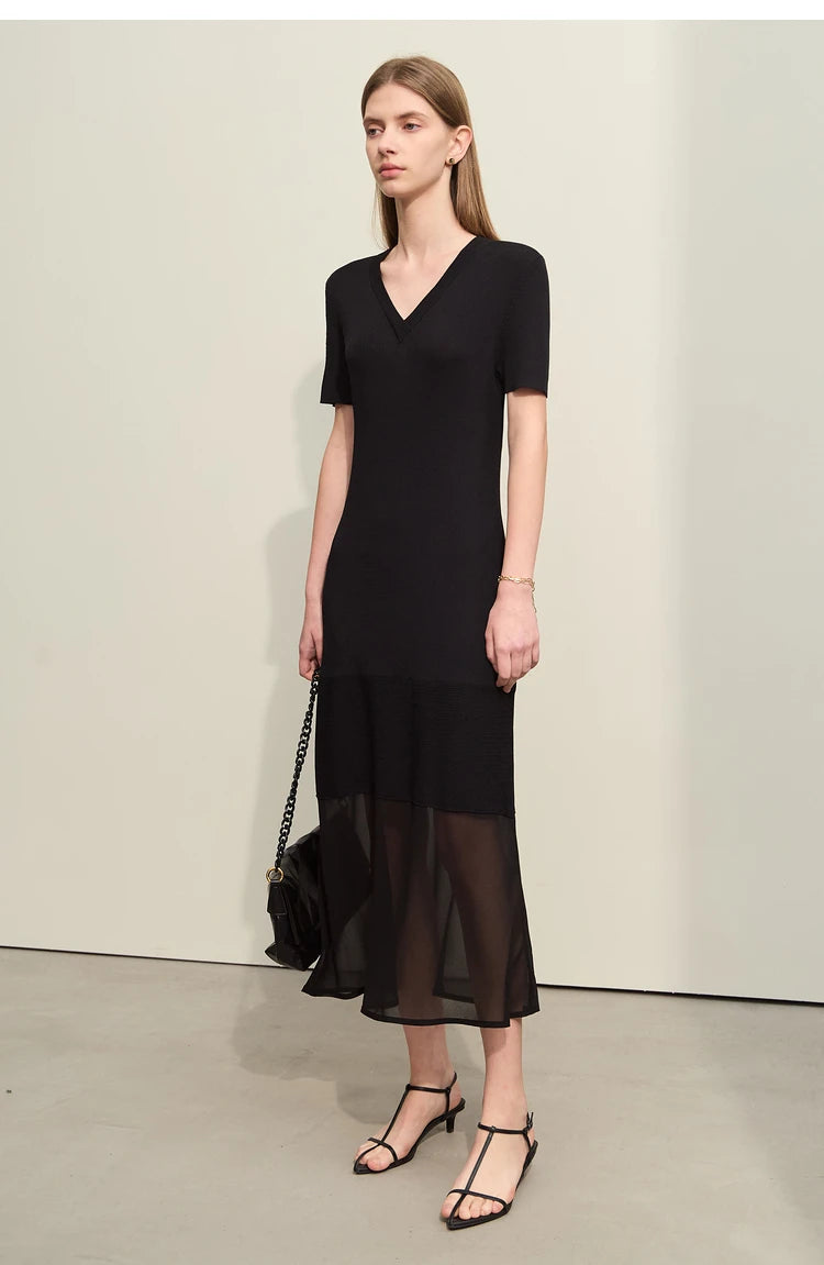 Amii Minimalism 2024 Women's Knitted Dresses Summer New V-neck Spliced Chiffon Short-sleeve Female Slim Fishtail Dress 12442152