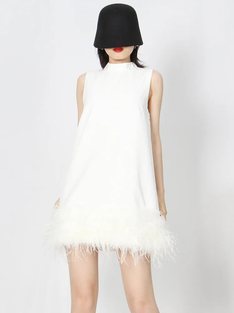 TWOTWINSTYLE Feather Fur Dress For Women O Neck Sleeveless Loose Tassel A Line Dresses Female Streetwear 2022 Summer Fashion New