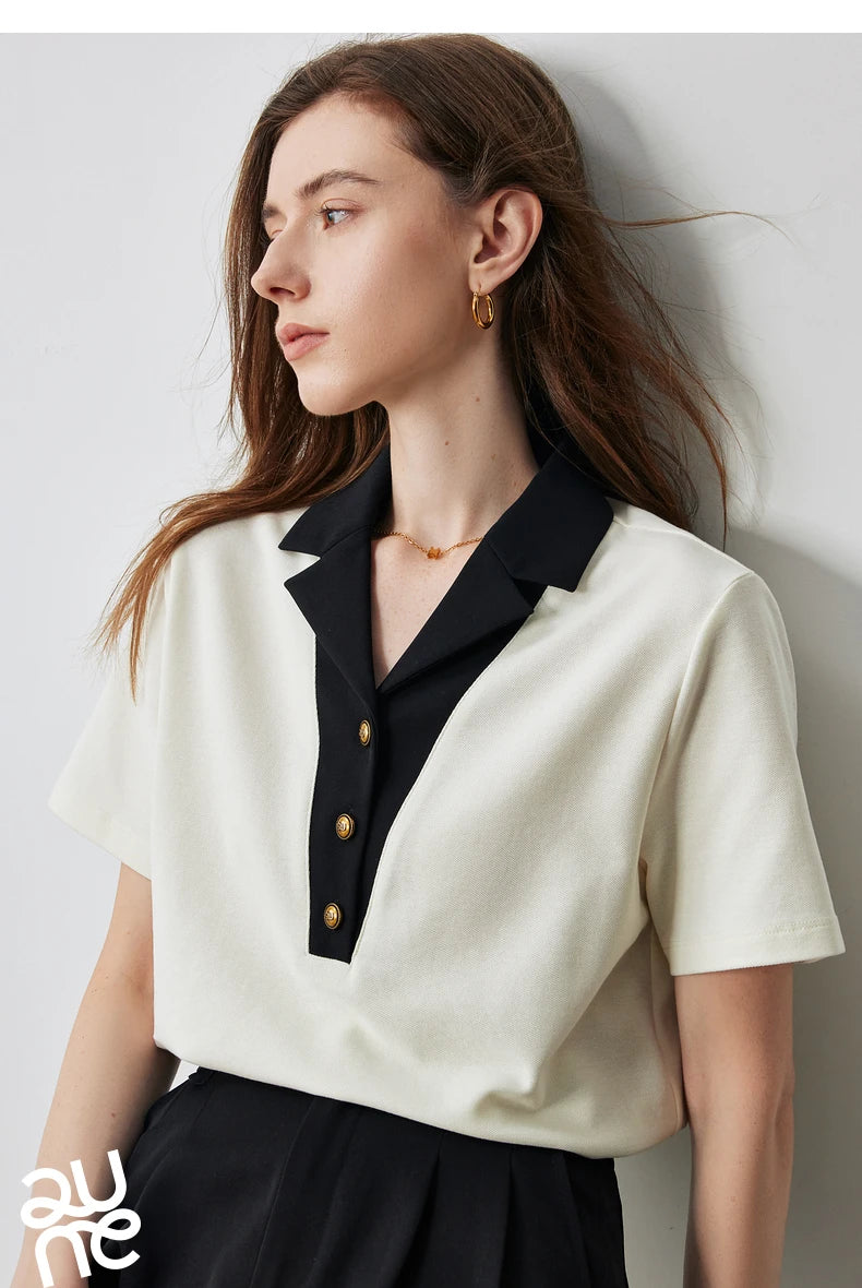 TOYOUTH Women Contrasting Colors POLO Collar T-shirt 2025 Summer New Short Sleeved Top