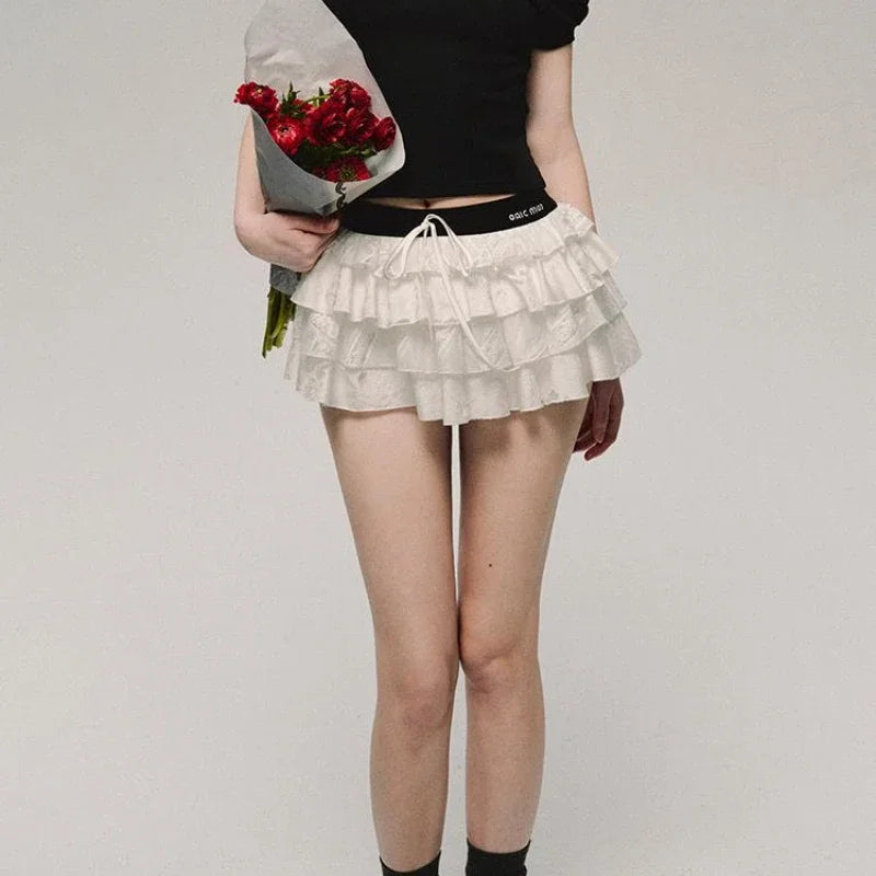 Deeptown Kawaii Sexy Ruffle White Mini Skirt Fairycore Cake Pleated Lace Up Short Skirts Coquette Casual Layered Patchwork Skirt