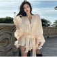 Luxury Elegant Mini Dress For Women V Collar Lace Up Blouse Dresses Long Sleeve Stacked Hem Vestido 2025 New Lady Women Clothing