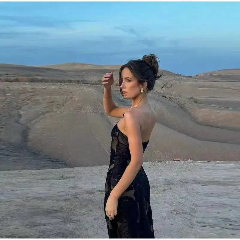 Mingmingxi Black Mesh Birthday Dress for Women 2024 One Shoulder Sexy Long Dress Slim Elegant Flower Wedding Guest Party Dresses