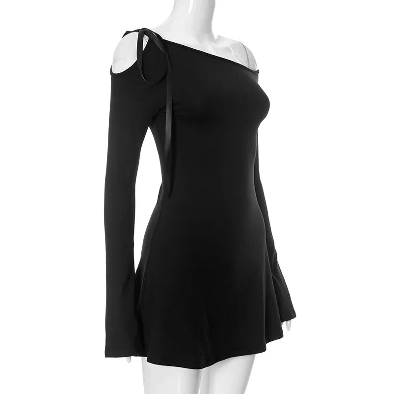 Black Dress For Women Streetwear Lace-up Inclined Collar Hot Vestidos Elegantes Para Mujer Long Sleeve Asymmetrical Y2k Clothes
