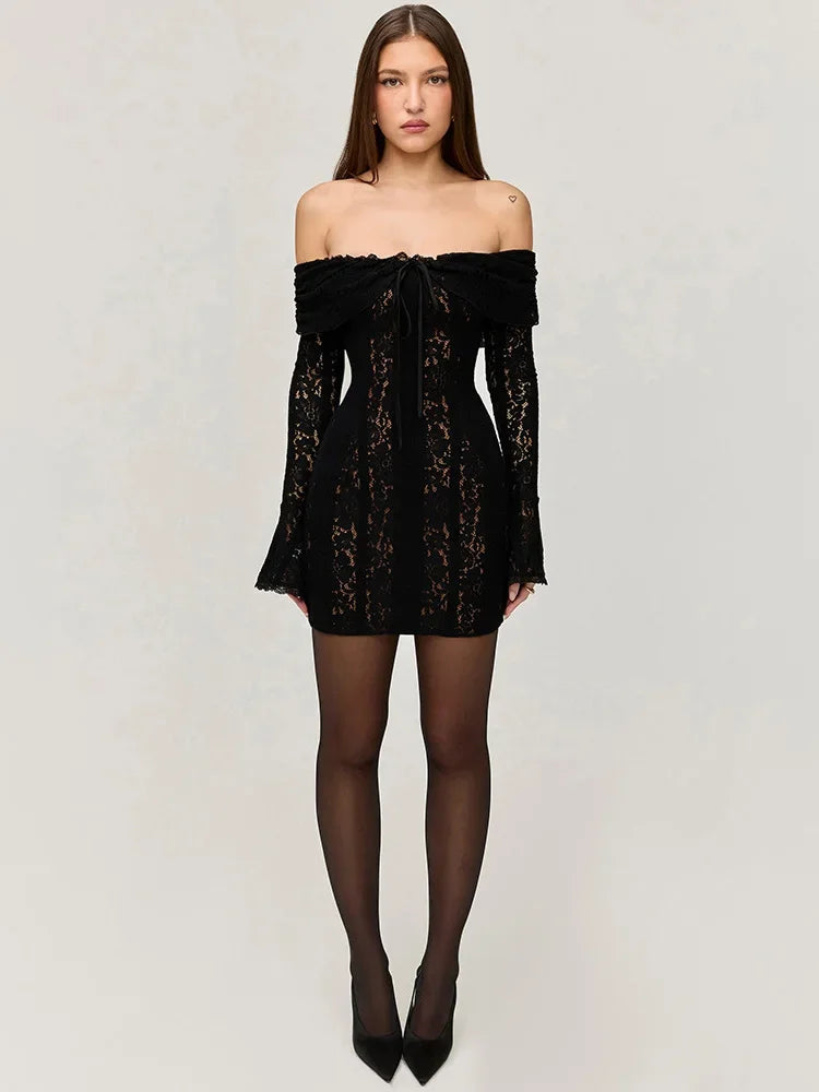 TARUXY Black Lace Flare Sleeve Dress One-Shoulder Women's Slim Tight Waist Sexy Gown Dress Elegant Strapless Long Fishtail Dress