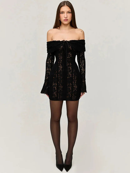 TARUXY Black Lace Flare Sleeve Dress One-Shoulder Women's Slim Tight Waist Sexy Gown Dress Elegant Strapless Long Fishtail Dress