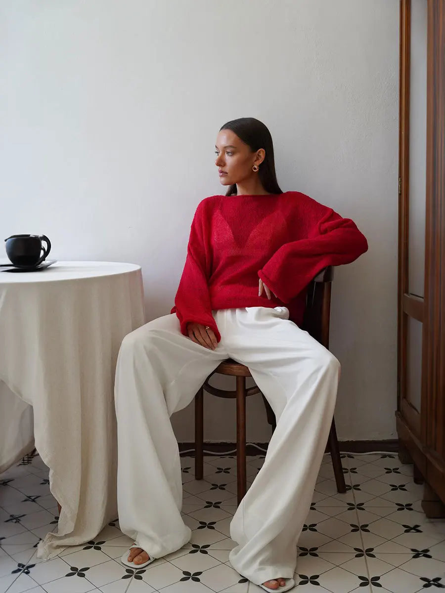 Original Fashion Hollow Out Knit Shirt Spring And Summer Women's Perspective Thin O-Neck Loose Elastic Long Sleeve Knit T-shirt