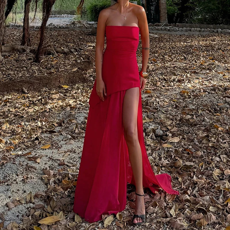 Casual Mesh Patchwork Women's Long Dress Fashion Strapless Split Banquet Dress 2025 Spring Summer Elegant Solid Holiday Dresses
