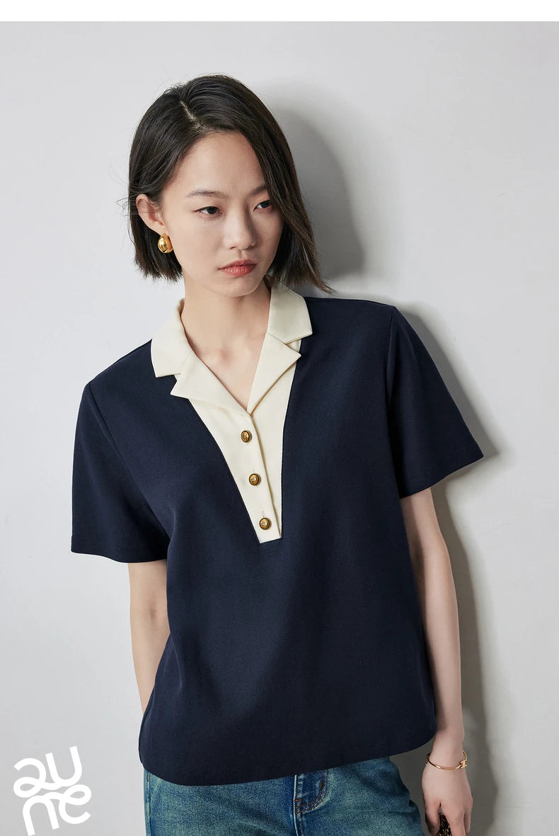 TOYOUTH Women Contrasting Colors POLO Collar T-shirt 2025 Summer New Short Sleeved Top