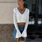 Trendix Summer Knit Long Sleeve Cardigan For Women V Neck Solid Bodycon Hollow Out Short Tops Party Club Slim Vacation Top Femme