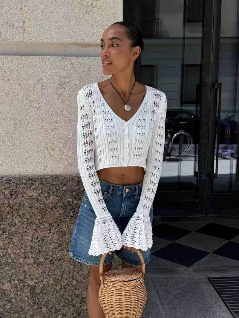 Trendix Summer Knit Long Sleeve Cardigan For Women V Neck Solid Bodycon Hollow Out Short Tops Party Club Slim Vacation Top Femme