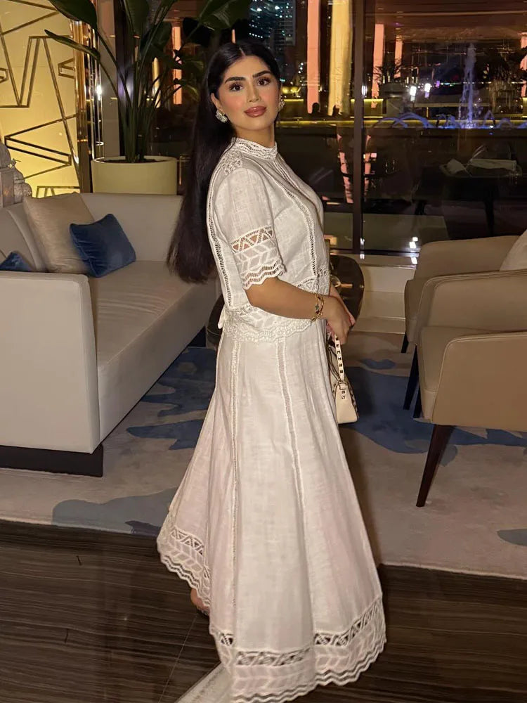 TRAFZA Women Fashion O-Neck Crocheting Details White Skirt Suit Short-sleeve Blouse+Side Zipper White Pleated Midi Se Long Skirt