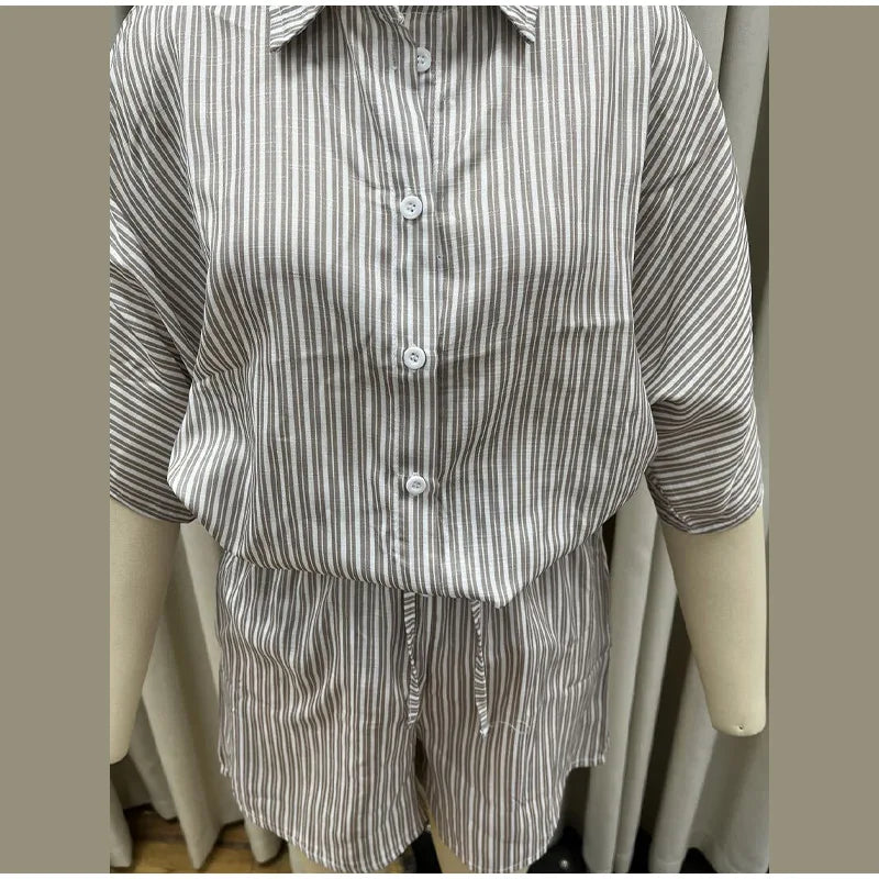 Women Casual Striped Cotton Linen Loose Shirt Shorts Suits Fashion Lapel Half Sleeves Elastic Waisted Shorts Summer Lady Outfits