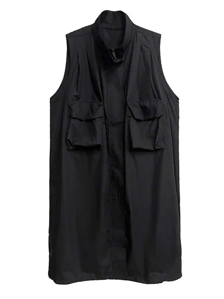 [EAM] Women Green Pocket Hem Drawstring Big Size Vest Dress New Stand Collar Sleeveless Fashion Tide Spring Autumn 2025 1DJ0147