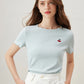 FSLE Cherry Embroidered Short-Sleeved Knitted Summer Women T-Shirt 2024 Summer New Round Neck Ruffled Ladies Top 24FS12400