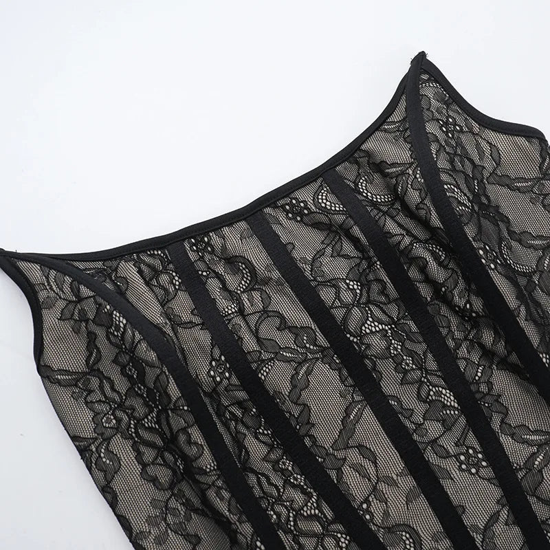 Talenza Black Lace Strapless Dress Women's Sexy Sleeveless Pleated A-Line High Waist Dress Backless Off Shoulder Y2k Party Dress