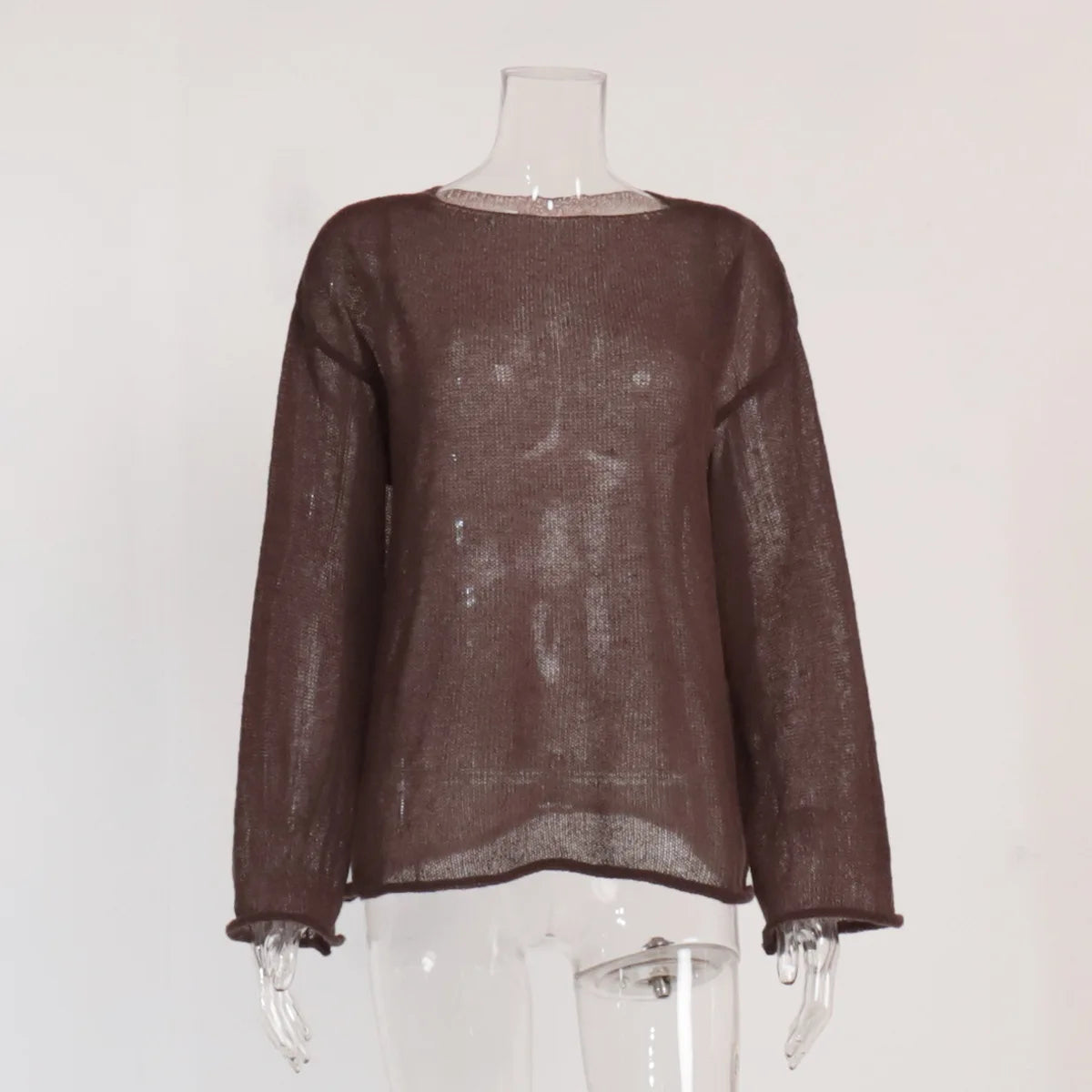 Original Fashion Hollow Out Knit Shirt Spring And Summer Women's Perspective Thin O-Neck Loose Elastic Long Sleeve Knit T-shirt