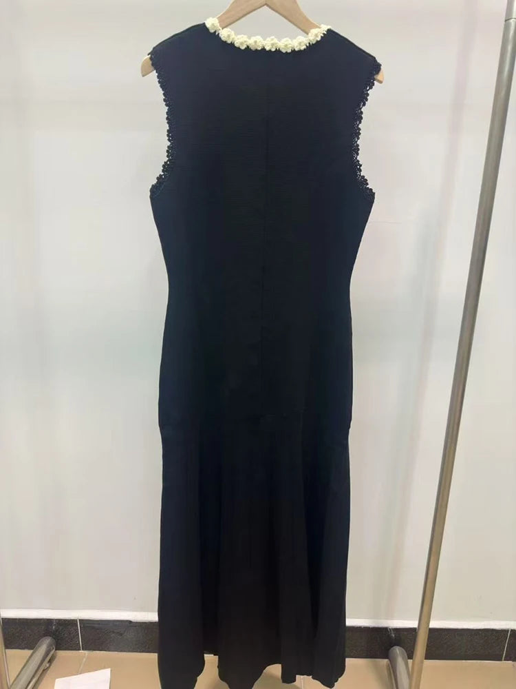 Spring Summer New Fashion Black Floral Pearls Splices Knit Midi Dress Women Elegant O-Neck Slim A-Line Skirt Robe Ladies 2025