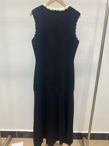 Spring Summer New Fashion Black Floral Pearls Splices Knit Midi Dress Women Elegant O-Neck Slim A-Line Skirt Robe Ladies 2025