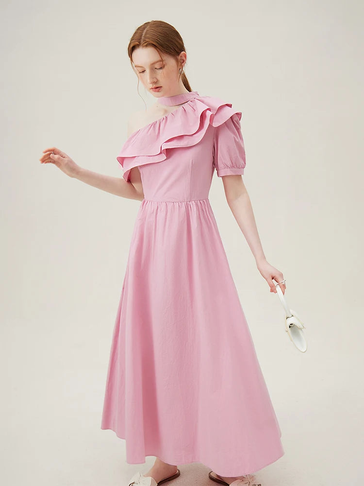 FSLE Black Women Dress 100% Cotton Ankle-Length Women Summer Dress One-shoulder Sleeve Ruffled Pink Maxi Dress 24FS18015