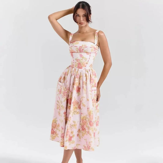 SAW Independent Station Pure Desire Square Collar Dress with Pocket Pink Print Ribbon Corduroy Sleeveless Women's Dress