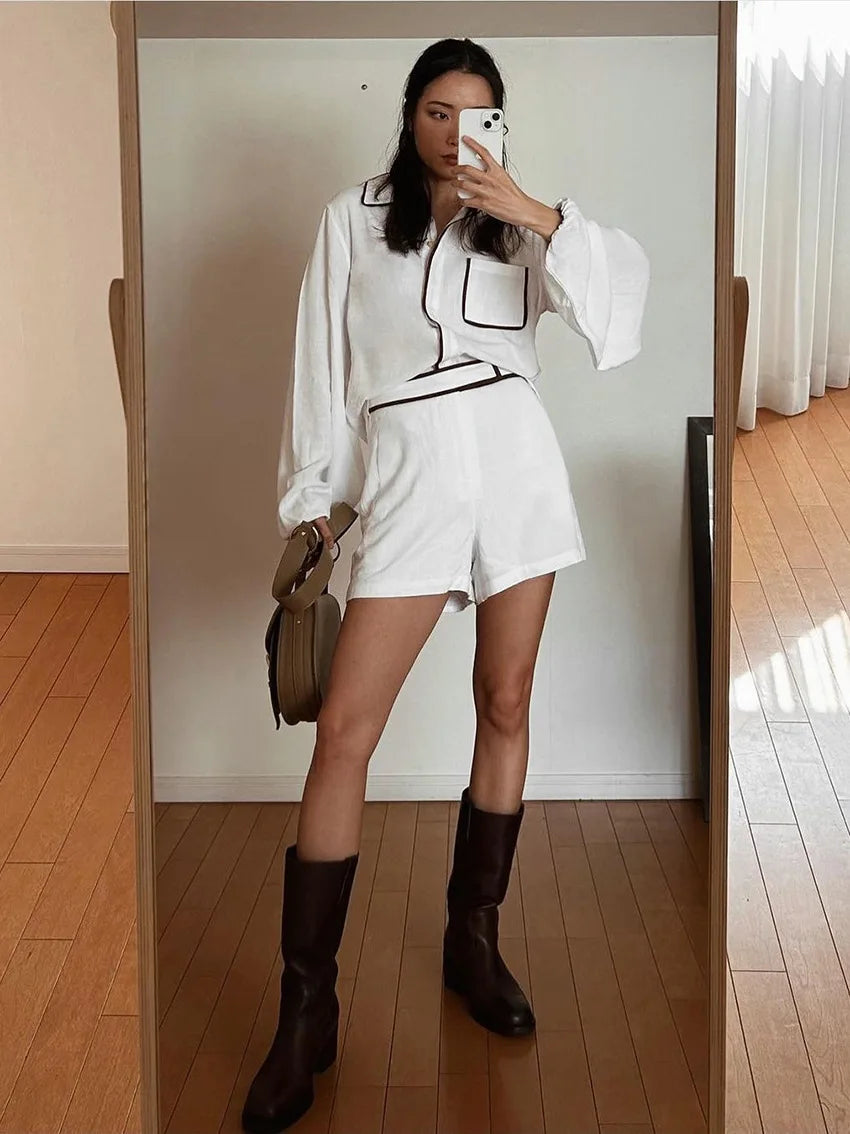 Bornladies 100% Cotton Casual Fashion Long Sleeve Set Summer Women's Pocket Black White Chic Shirt Shorts Loose Two-piece Set