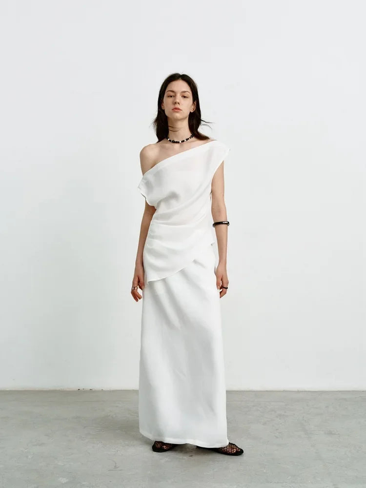 Elegant High-Waisted A- Line Skirt For Women Summer Commuting Long Dress Textile Song WhiteDrapedSideSlitLongDress