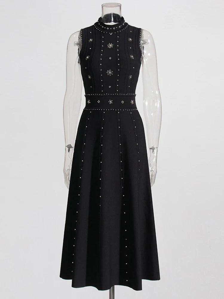 TWOTWINSTYLE Solid Patchwork Diamonds Designer Dresses For Women Round Neck Sleeveless High Waist Slimming Dress Female Fashion