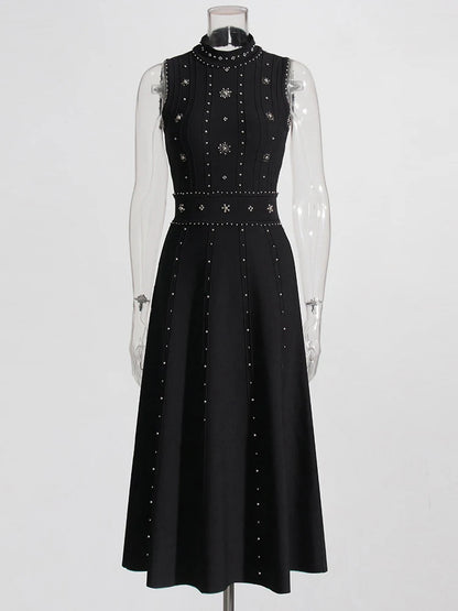 TWOTWINSTYLE Solid Patchwork Diamonds Designer Dresses For Women Round Neck Sleeveless High Waist Slimming Dress Female Fashion