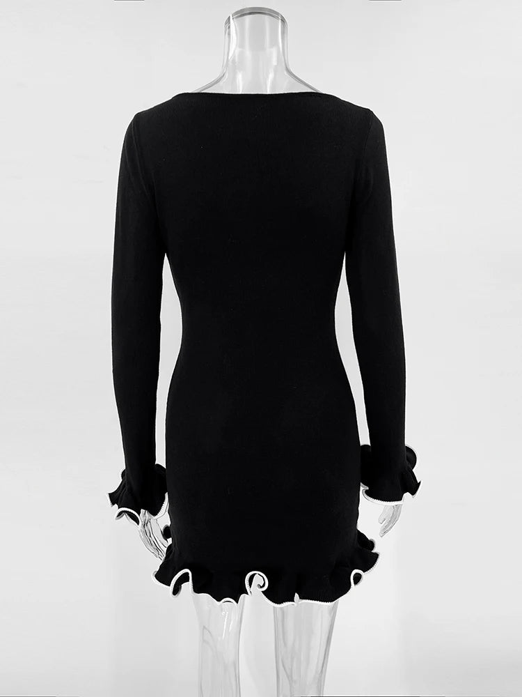 TARUXY Spring New Knitted Mini Dress For Women Fungus Contrast Color Slim Sweater Dress Elegant Female Party Clothes Long Sleeve