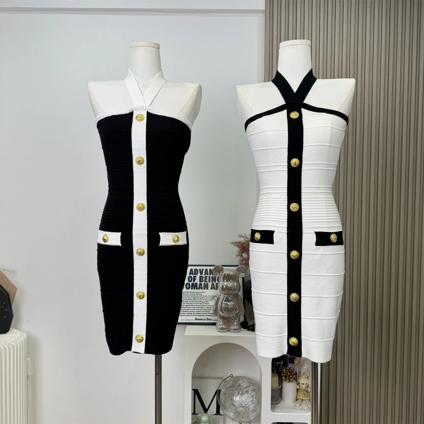 2025 Women Celebrity Sexy Backless Halter Button Bodycon Black Mini Bandage Dress Elegant Evening Club Party Dresses Vestidos