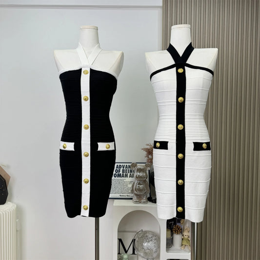 2025 Women Celebrity Sexy Backless Halter Button Bodycon Black Mini Bandage Dress Elegant Evening Club Party Dresses Vestidos