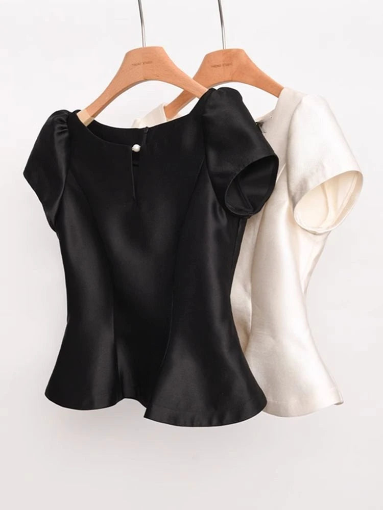 2025 Blusas Mujer De Moda Solid O Neck Shirts Women Puff Sleeve Summer Blouses Crop Tops Fashion Zipper Temperament Blouse
